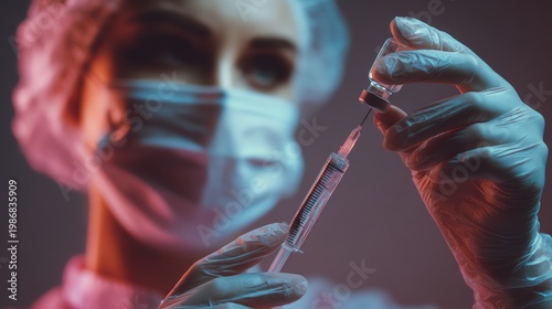 nurse preparing vaccination syringe safely, public health concept