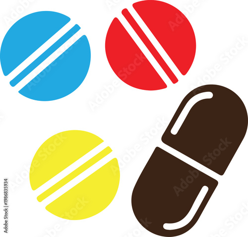 Medical pills and capsules in red blue yellow and brown colors for healthcare.