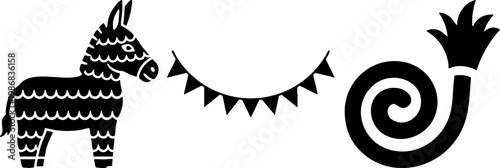 Mexican Fiesta Celebration Icons with Donkey Pinata and Bunting