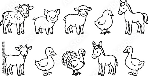 Black and white farm animals illustrations set including cow pig sheep horse goat duck turkey donkey