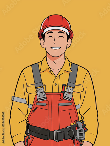 Portrait of Smiling Male Worker in Red Safety Gear
