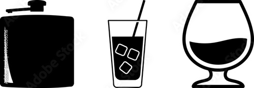 Alcoholic drink icons set including hip flask and cocktail glass