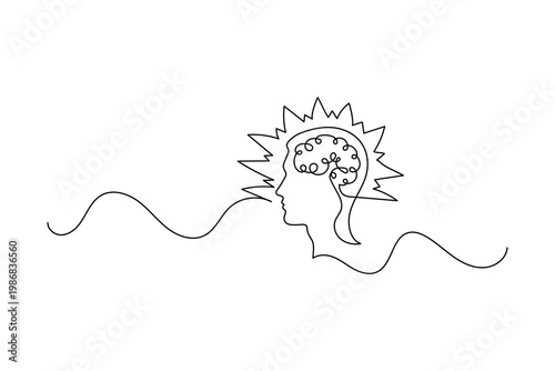 Mental health continuous one line drawing stressed brain overload burnout concept 