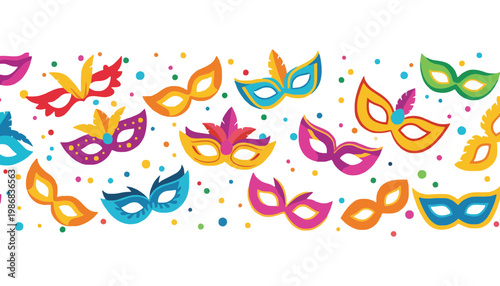 A colorful masquerade mask illustration with vibrant confetti and dots