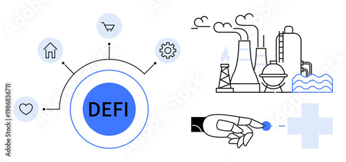 Decentralized finance, automation, industrial trends, digital health, future technology, environmental impacts. Visual includes DeFi icons and robotic hand in healthcare. Decentralized finance