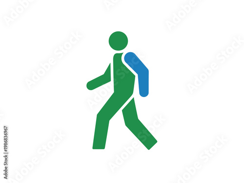 A green and blue icon of a person walking quickly to the left on a white background