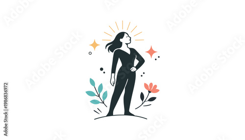 A confident woman silhouette illustration with flowers and stars