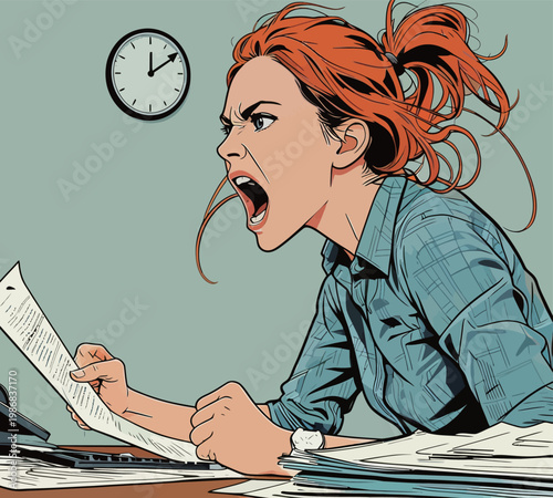Woman Shouting Angrily Over Work Documents at Desk