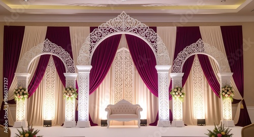 Grand royal Melayu wedding stage decoration with massive carved arches and velvet drapery