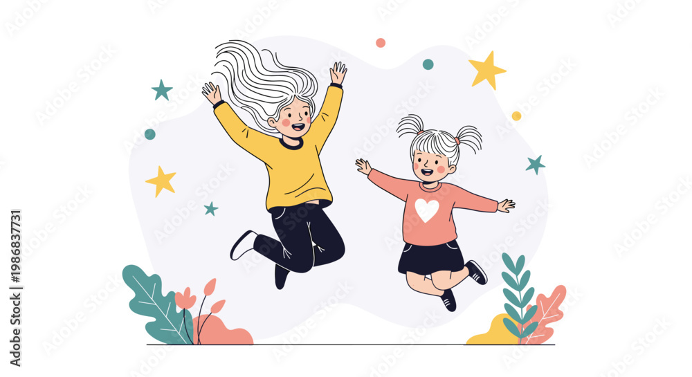 Naklejka premium Happy young girls jumping for joy and celebrating their friendship against a whimsical background with colorful stars and plants.