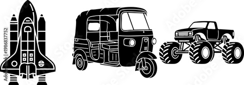 Vehicle silhouette set featuring space shuttle, rickshaw and truck