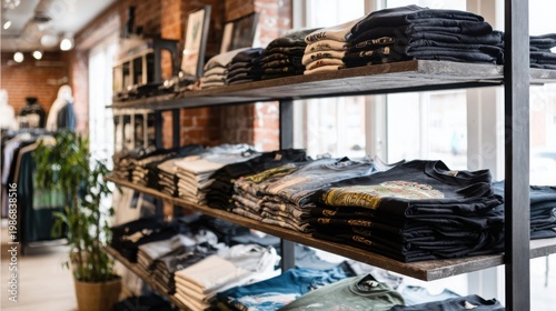 Neatly folded t-shirts and apparel displayed on industrial-style metal shelving units within a retail store setting