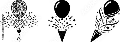 Party Popper and Balloon Icon Set with Confetti and Stars