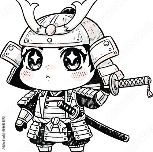 Cute cartoon samurai girl warrior kawaii.