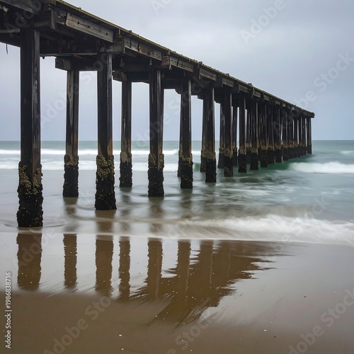 A weathered pier stretches over calm, reflective waters on a cloudy day