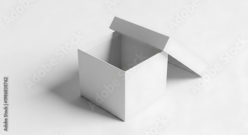 Minimalist studio shot of an open white cardboard box with its lid ajar on a bright, pristine surface, symbolizing new beginnings, potential, and a clean slate for ideas and products