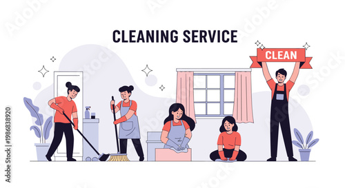 Professional cleaning service team working together to sweep, mop, and dust a domestic living room to ensure a clean and hygienic home.