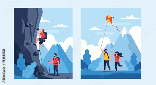 Collection of adventurous outdoor activities featuring a man rock climbing and a couple flying a kite in the snowy mountain peaks.