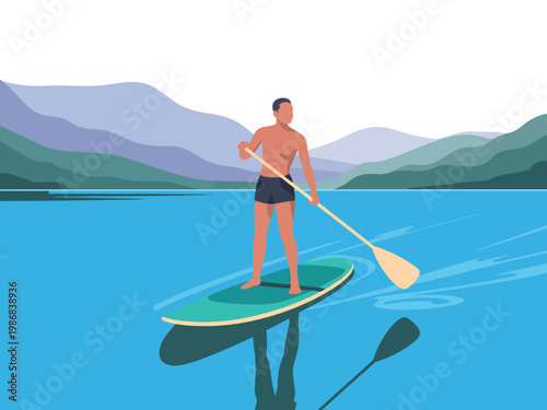 A man enjoys a peaceful paddleboarding experience on a serene lake surrounded by mountains.