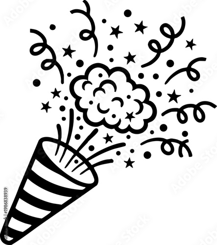Party popper with confetti and streamers line art illustration