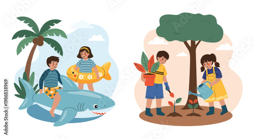 Educational children activities showing kids playing with a shark float in a pool and others planting trees to care for the environment.