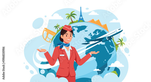 Friendly flight attendant in a professional red uniform standing in front of a world globe and a commercial airplane taking off into the sky.