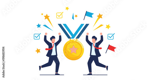 Two successful businessmen in formal suits celebrate their achievement with a giant gold medal, stars, and flags in a triumphant scene.
