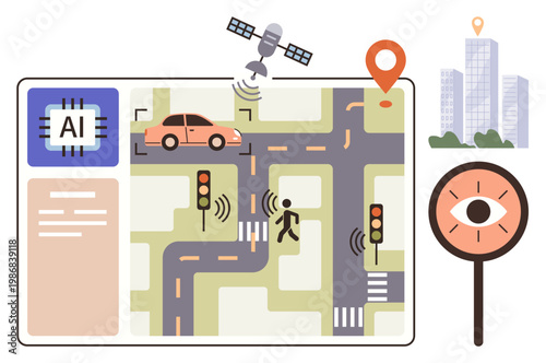Smart cities, autonomous vehicles, road safety, urban planning, traffic control, and AI technologies. A map showing self-driving car, sensors satellite and road signals. Smart cities and autonomous