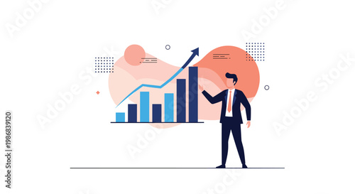 Confident businessman pointing at a colorful bar chart showing positive financial growth and success in a professional corporate presentation.
