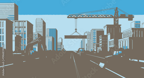 City Street with Crane and Buildings.