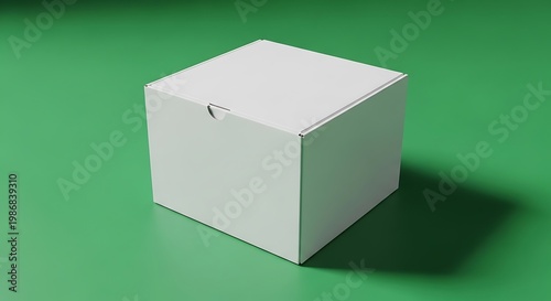 A white cube-shaped box rests on a green surface, casting a soft shadow, perfect for packaging or gift-giving