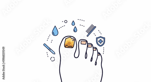 Illustration of a foot with a fungal nail infection and related care icons