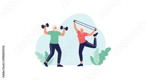 Active senior couple staying fit by exercising together; the man lifts dumbbells while the woman uses a resistance band for strength training.