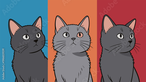 Three Cute Cartoon Cats on Color Backgrounds