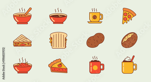 Food and drink icons on table.