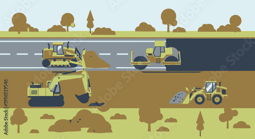 Heavy construction machines at work site.