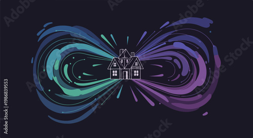 House with colorful energy bursts emanating outwards