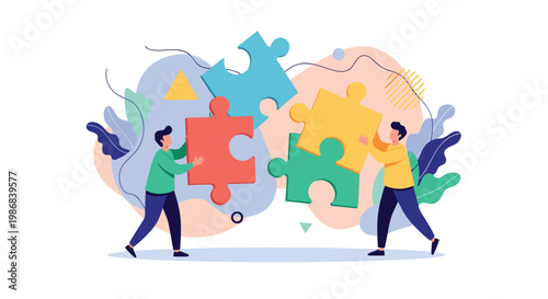 Collaborative team of people fitting together large colorful jigsaw puzzle pieces to represent problem solving and effective teamwork.
