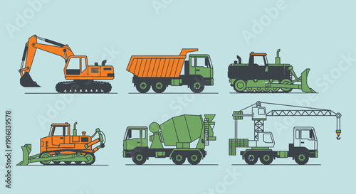 Heavy construction vehicles in a row 1.