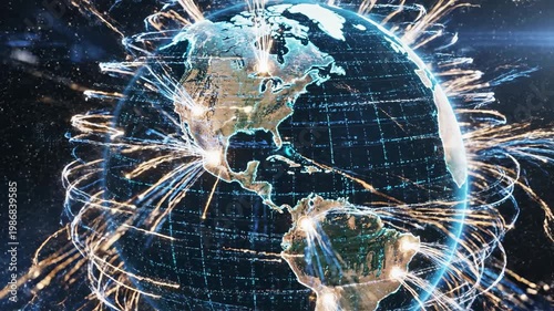 Digital Earth with glowing data streams connecting continents and cities