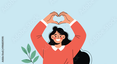 Cheerful young woman making a heart shape with her hands over her head while smiling happily against a soft blue background.
