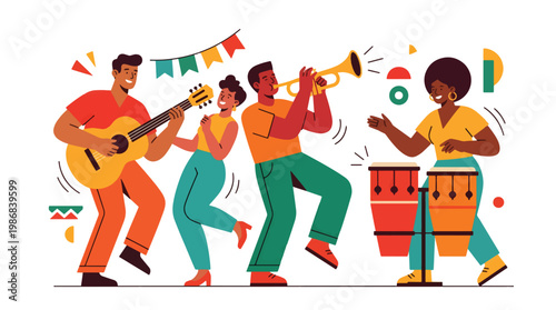 Latin Music Celebration with Group of Musicians Flat Vector Illustration