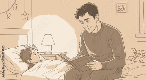 Man reading to sleeping child bed.