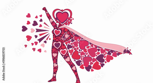 Human form composed of numerous red and pink hearts, with a cape