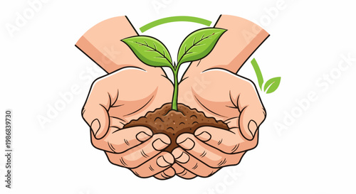 Hands carefully holding a young plant seedling with soil and green growth symbols