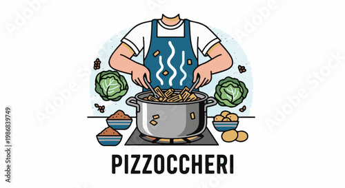 Hands cooking pasta in a pot with cabbage, potatoes, and spices around