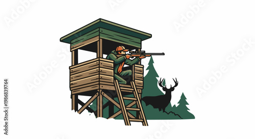 Hunter in a blind aims rifle at deer in a forest