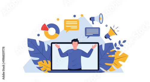 Man appearing on a digital screen surrounded by communication icons like megaphones and speech bubbles to illustrate online marketing.
