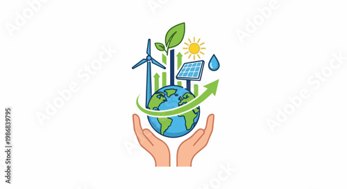 Hands cradling Earth with renewable energy symbols and growth arrows