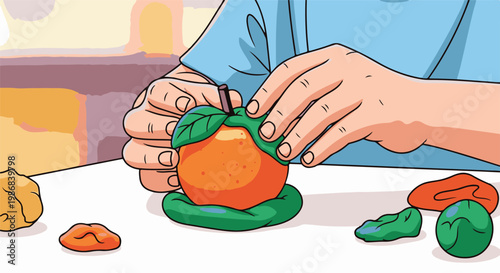 Hands crafting an orange with green leaves from modeling clay on a table